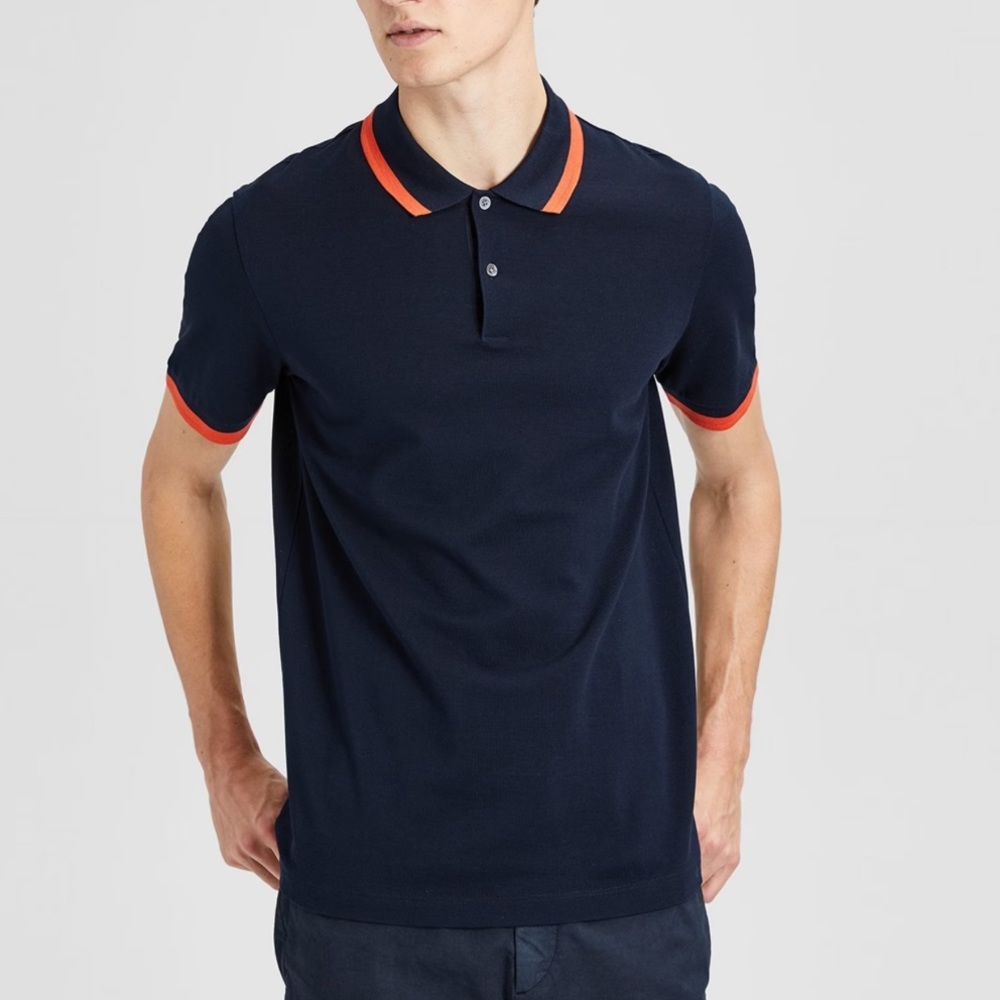 Theory Navy Blue 100% Pima Cotton Orange Bolo Striped Short Sleeve Polo XL
